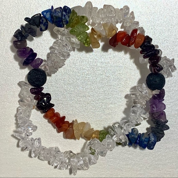 Chakra Crystal Quartz & Lava 2 Row Stretch Bracelet - Picture 2 of 8